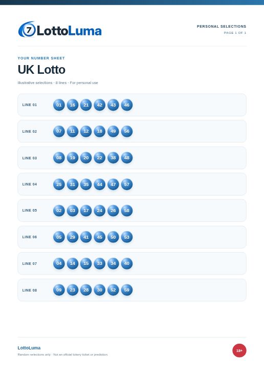 Actual LottoLuma A4 sheet with eight illustrative UK Lotto lines, page header and responsible-play disclaimer