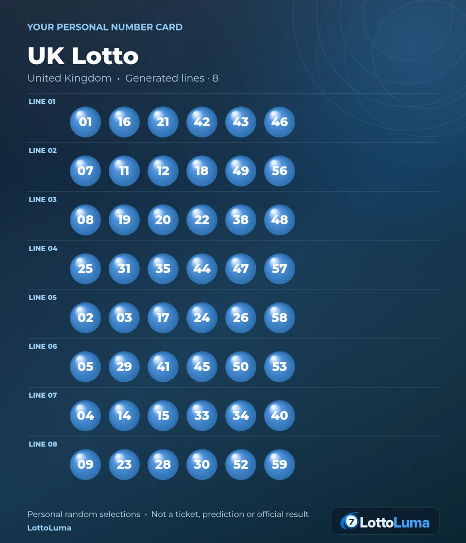 Actual all-lines PNG containing the same eight illustrative UK Lotto selections as the A4 example