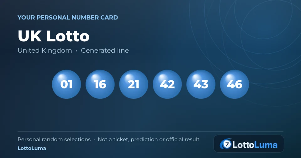 Actual LottoLuma UK Lotto card showing illustrative numbers 01, 16, 21, 42, 43 and 46